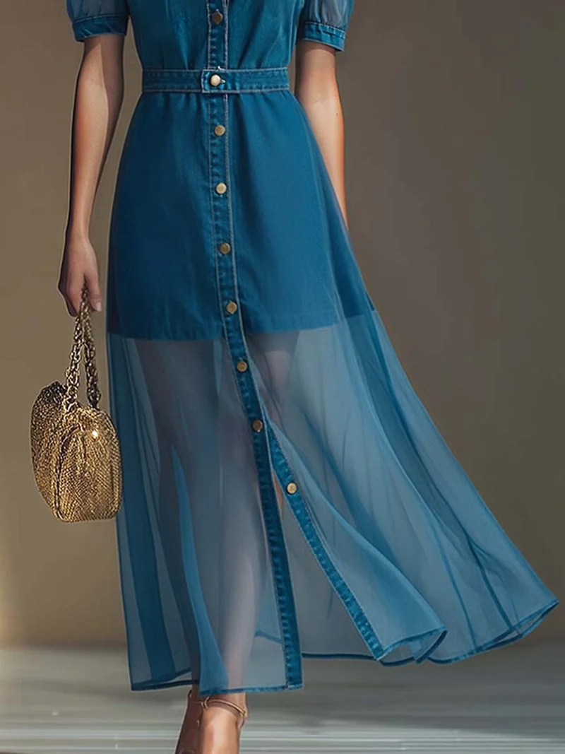 Klementine | Damen Durchgeknöpftes Jeanskleid Maxikleid