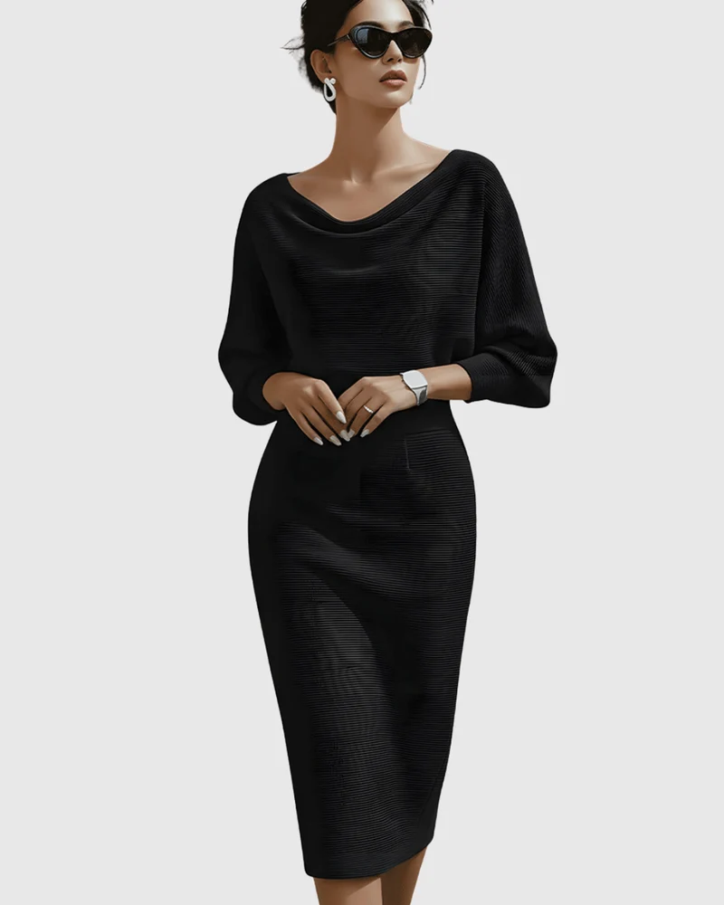 Lucinda | Damen Wasserfallkragen Midi Kleid