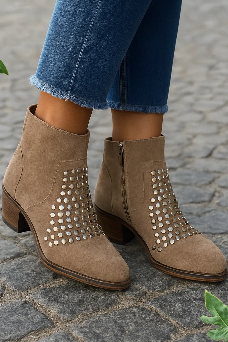 Tabea | Damen Nieten Ankle Boots mit Blockabsatz