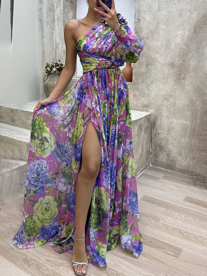 Philippa | Damen One-Shoulder Blüten Maxikleid mit Schlitz
