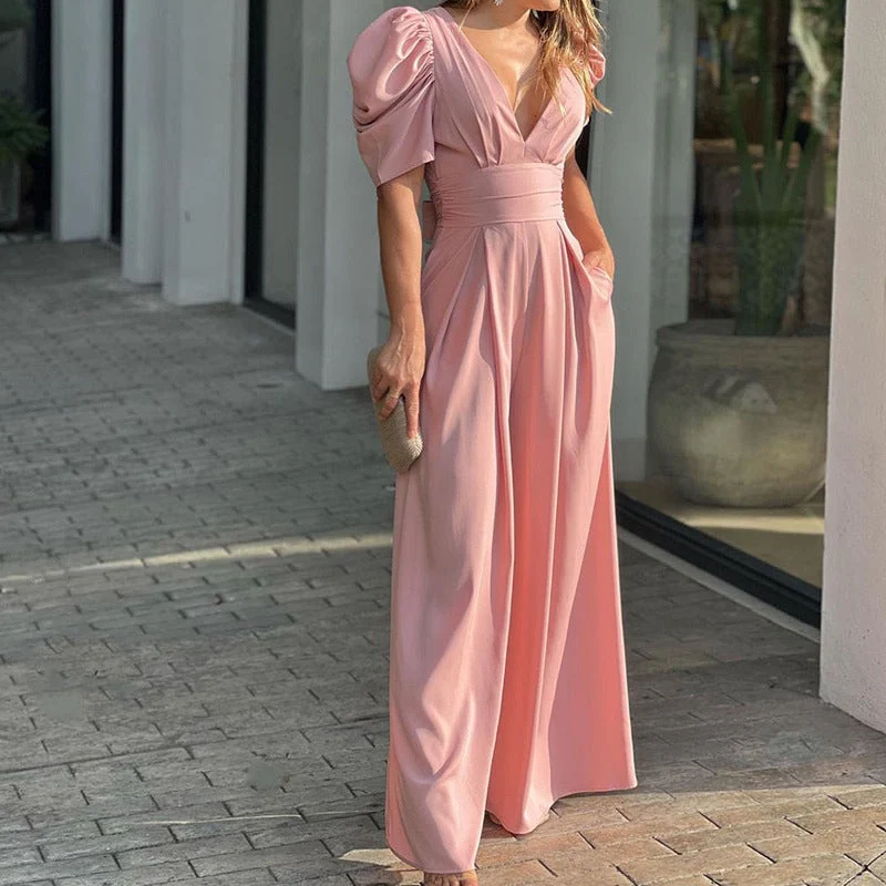 Roswitha | Damen V-Ausschnitt Puffärmel Jumpsuit