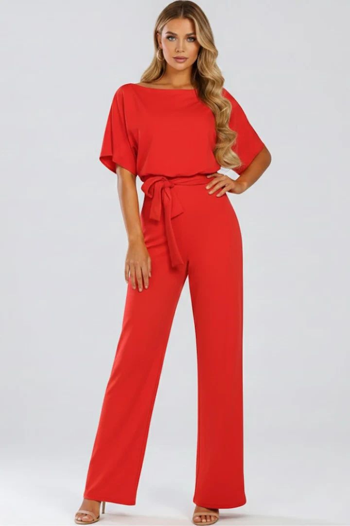 Cordula | Damen Rundhals Jumpsuit mit weiten Beinen