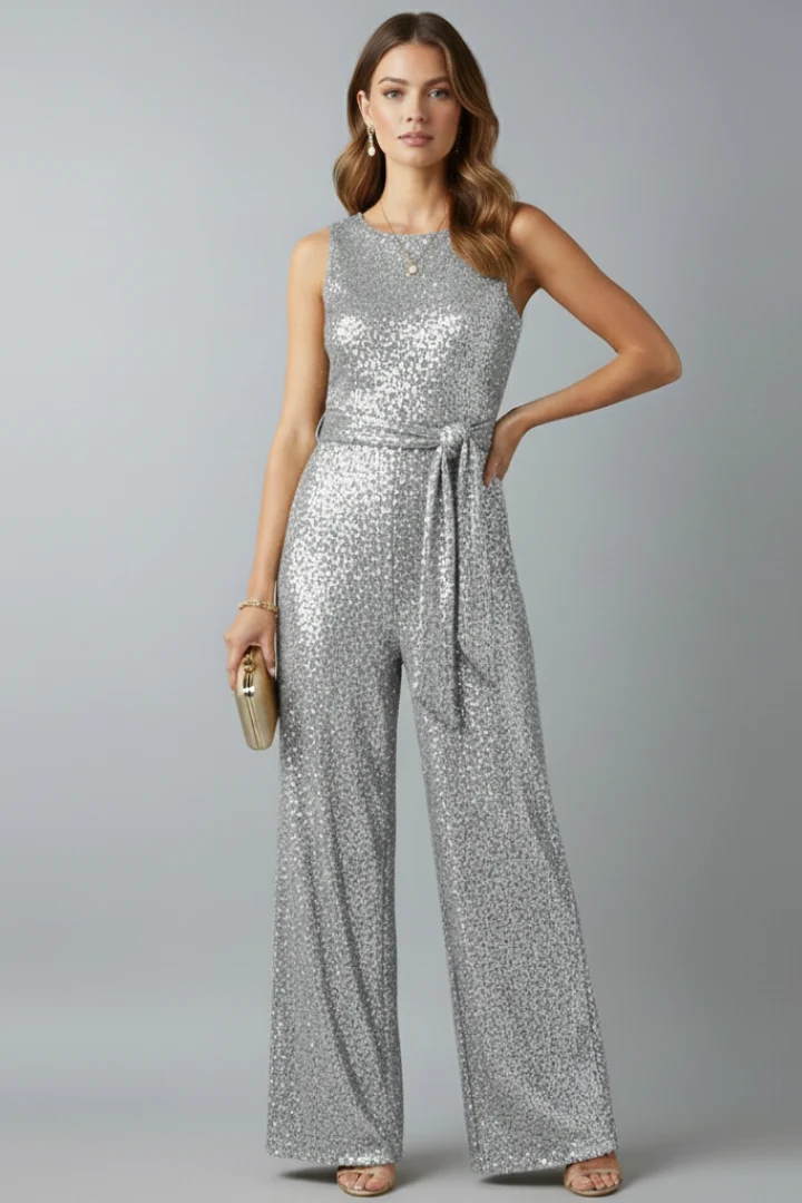 Auriane | Damen Pailletten Ärmellos Jumpsuit