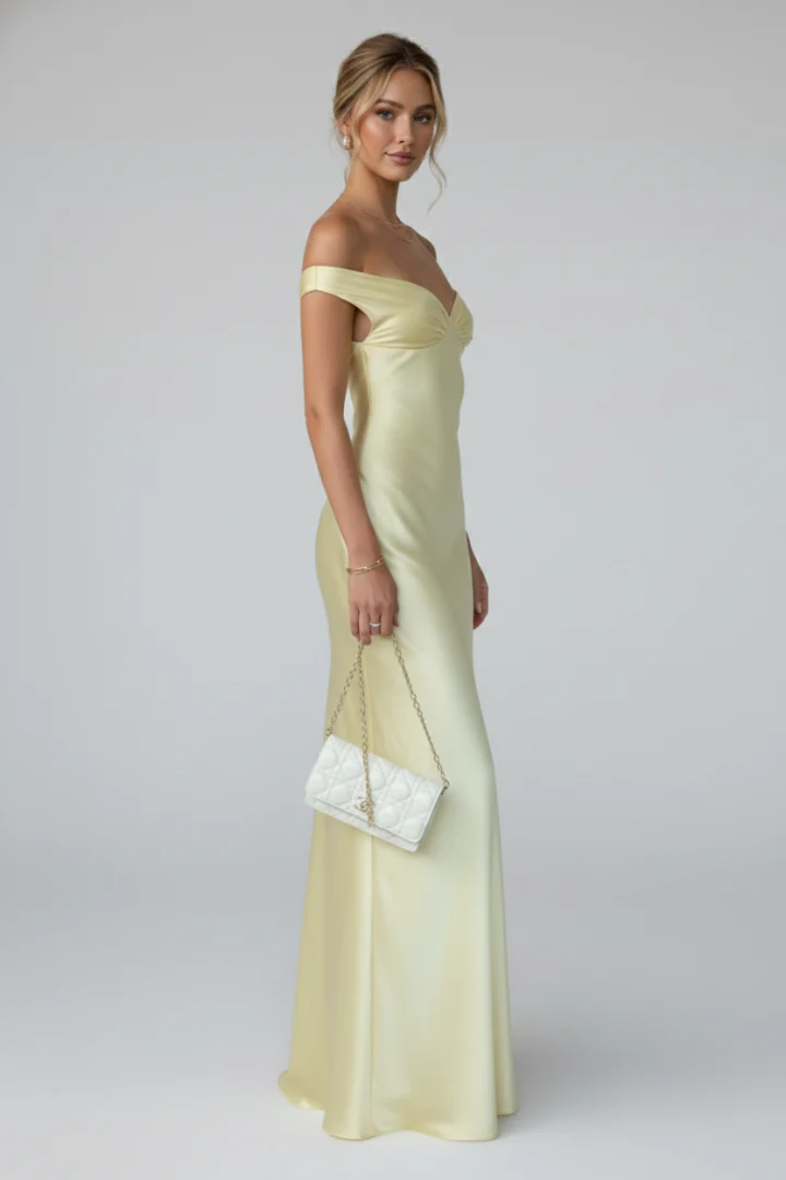 Estelle | Damen Off-Shoulder Maxikleid in Champagner