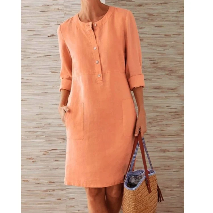 Franka | Damen Hemdblusenkleid mit 3/4 Ärmeln und Taschen