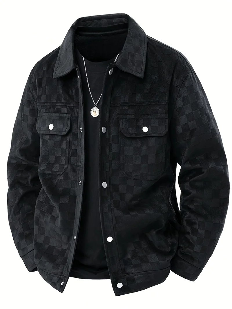 Drake | Herren Velour-Jacke Karomuster Snap-Button Herbst