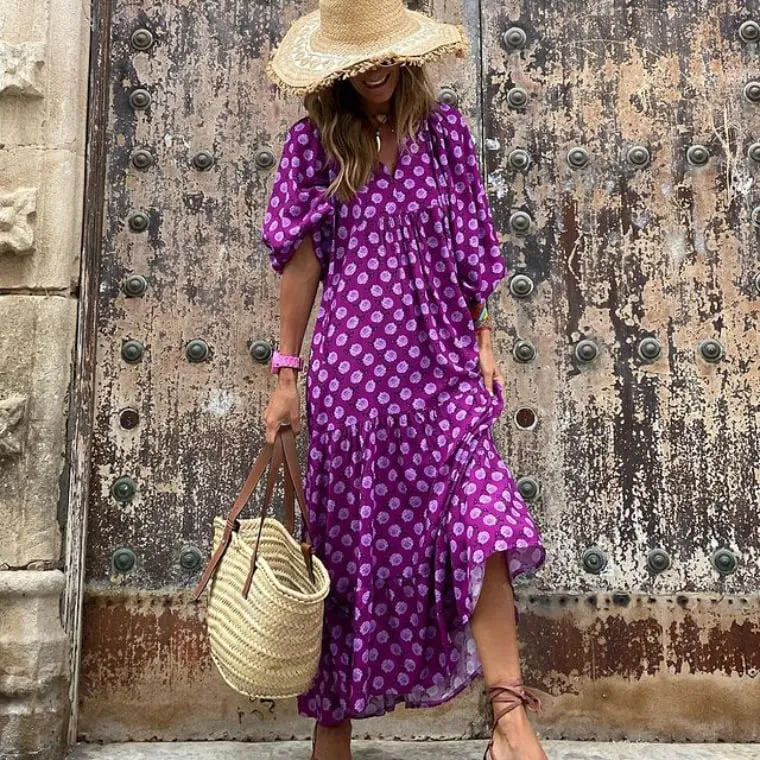 Rosa | Damen Boho Maxi-Kleid Puffärmel V-Ausschnitt Muster
