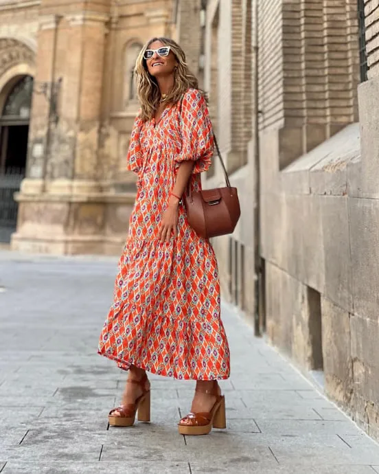 Rosa | Damen Boho Maxi-Kleid Puffärmel V-Ausschnitt Muster