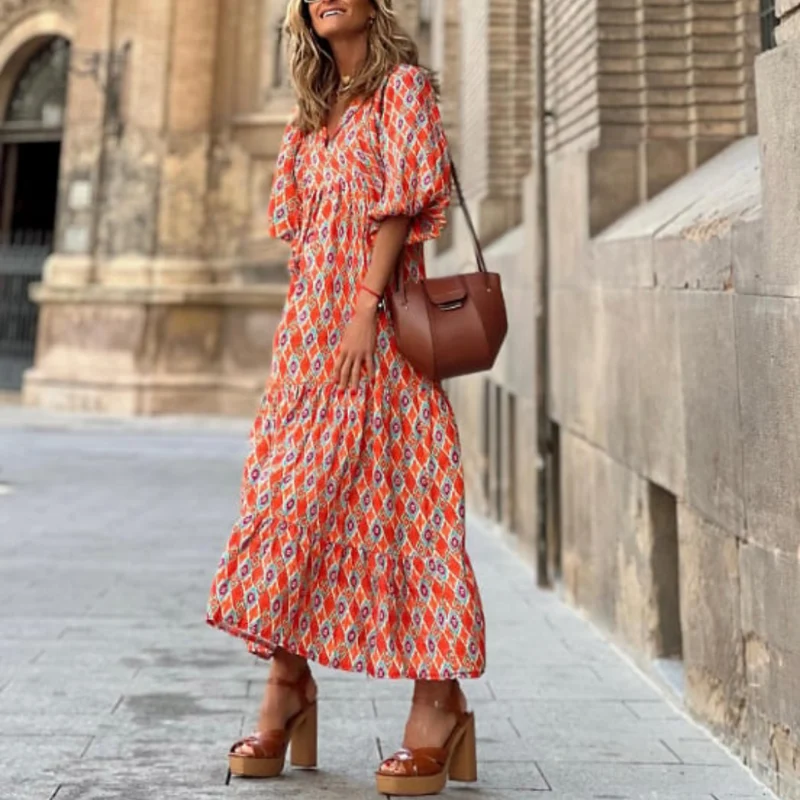 Rosa | Damen Boho Maxi-Kleid Puffärmel V-Ausschnitt Muster
