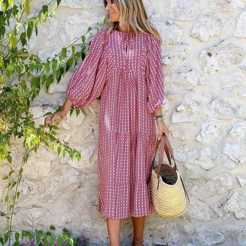 Rosa | Damen Boho Maxi-Kleid Puffärmel V-Ausschnitt Muster