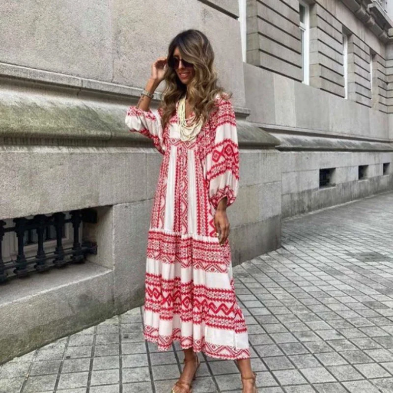 Rosa | Damen Boho Maxi-Kleid Puffärmel V-Ausschnitt Muster