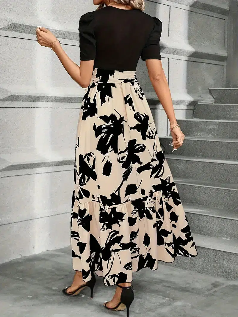 Aria | Damen Maxi-Kleid Puffärmel Blumendruck Bindegürtel