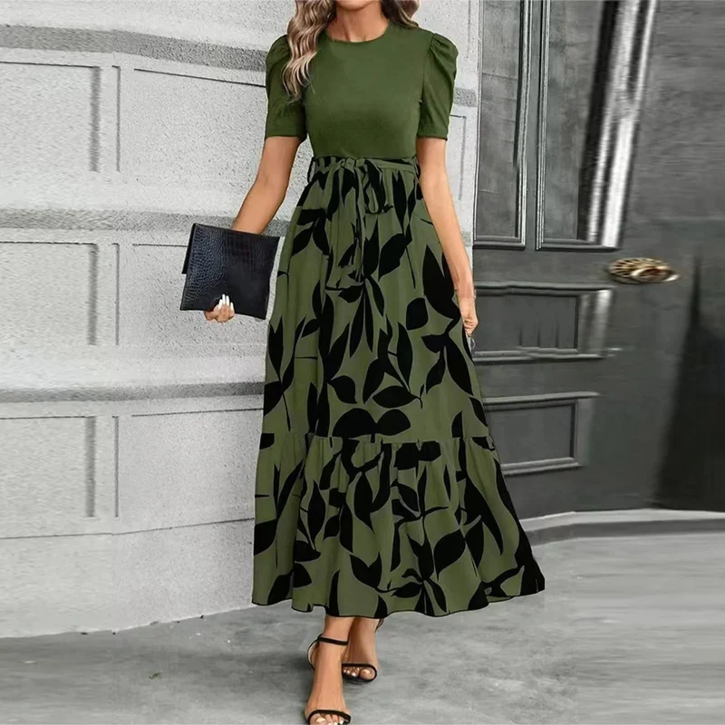 Aria | Damen Maxi-Kleid Puffärmel Blumendruck Bindegürtel