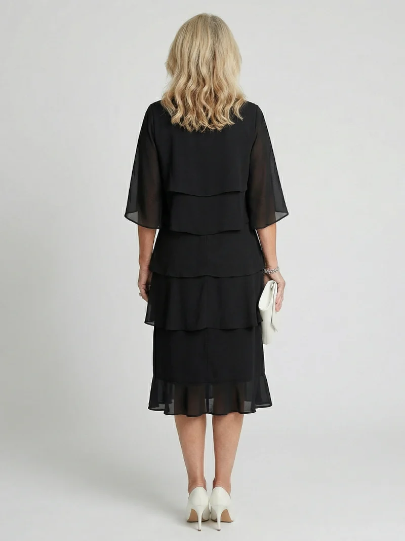 Vesperina | Damen Gestuftes Midi Kleid mit Rüschenärmeln