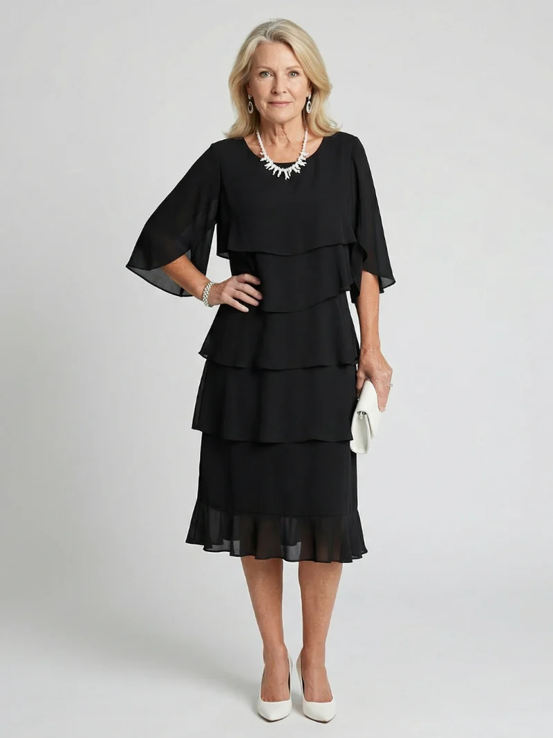 Vesperina | Damen Gestuftes Midi Kleid mit Rüschenärmeln