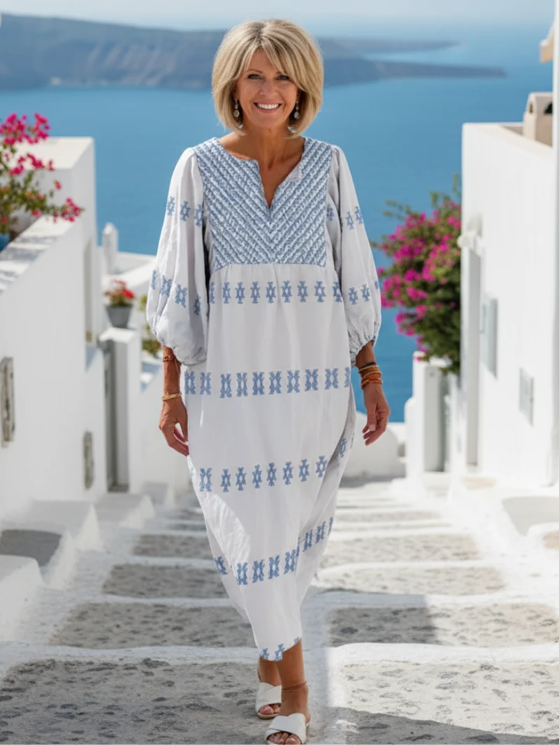 Brigitta | Damen V-Ausschnitt Langarm Maxikleid