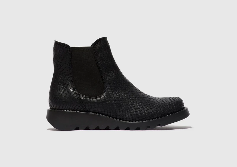 Fly London Damen Salv Croco Leder Stiefeletten - Schwarz