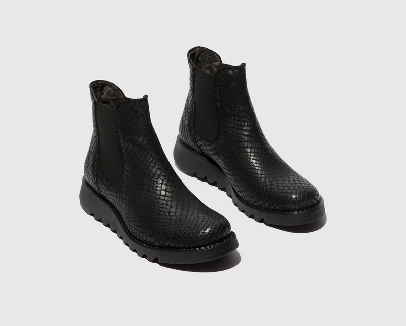 Fly London Damen Salv Croco Leder Stiefeletten - Schwarz