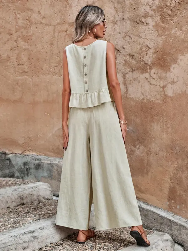 Lotte | Damen Set Rüschen-Top Rückenknöpfe Weite Hose