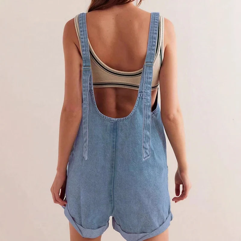 Leni | Damen Jeans-Overall Kurz Ärmellos Weiter Ausschnitt