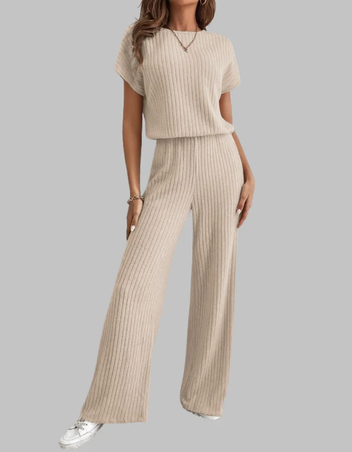 Paula | Damen Rippstrick-Set Kurzarm Top Weite Hose Casual