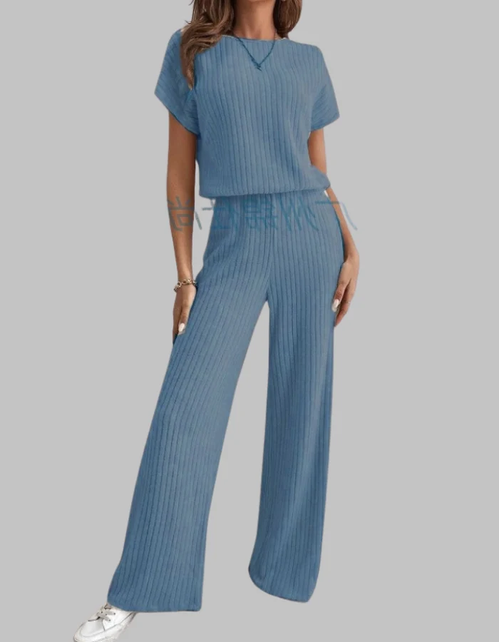 Paula | Damen Rippstrick-Set Kurzarm Top Weite Hose Casual