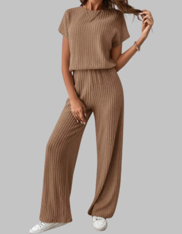 Paula | Damen Rippstrick-Set Kurzarm Top Weite Hose Casual