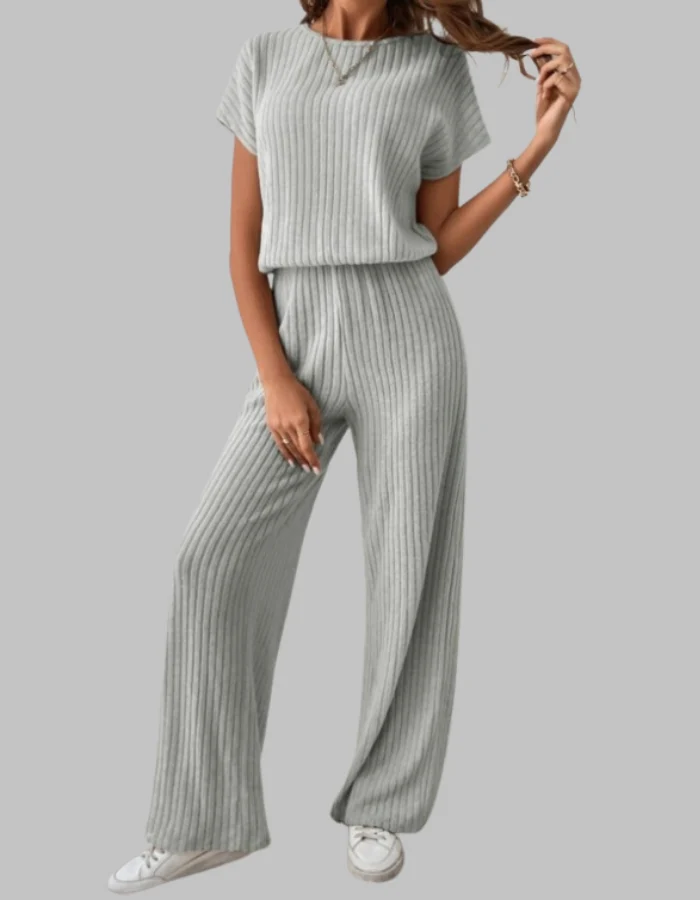 Paula | Damen Rippstrick-Set Kurzarm Top Weite Hose Casual