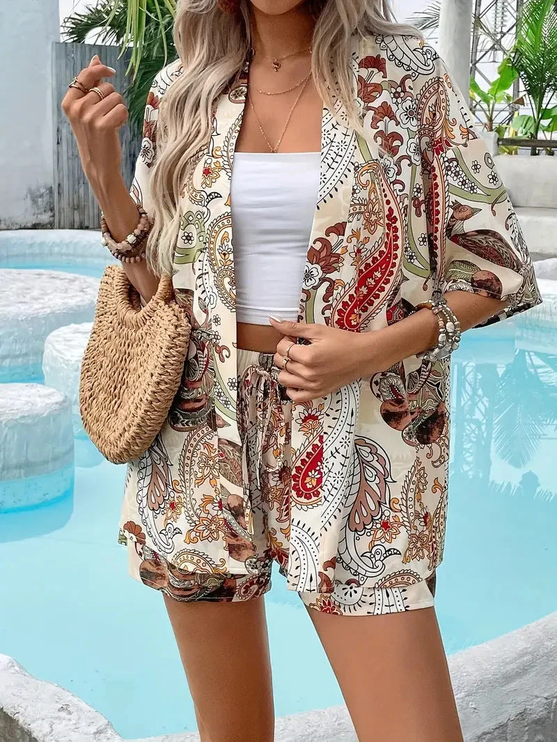 Hana | Damen Kimono-Set Shorts Blumenmuster Sommer