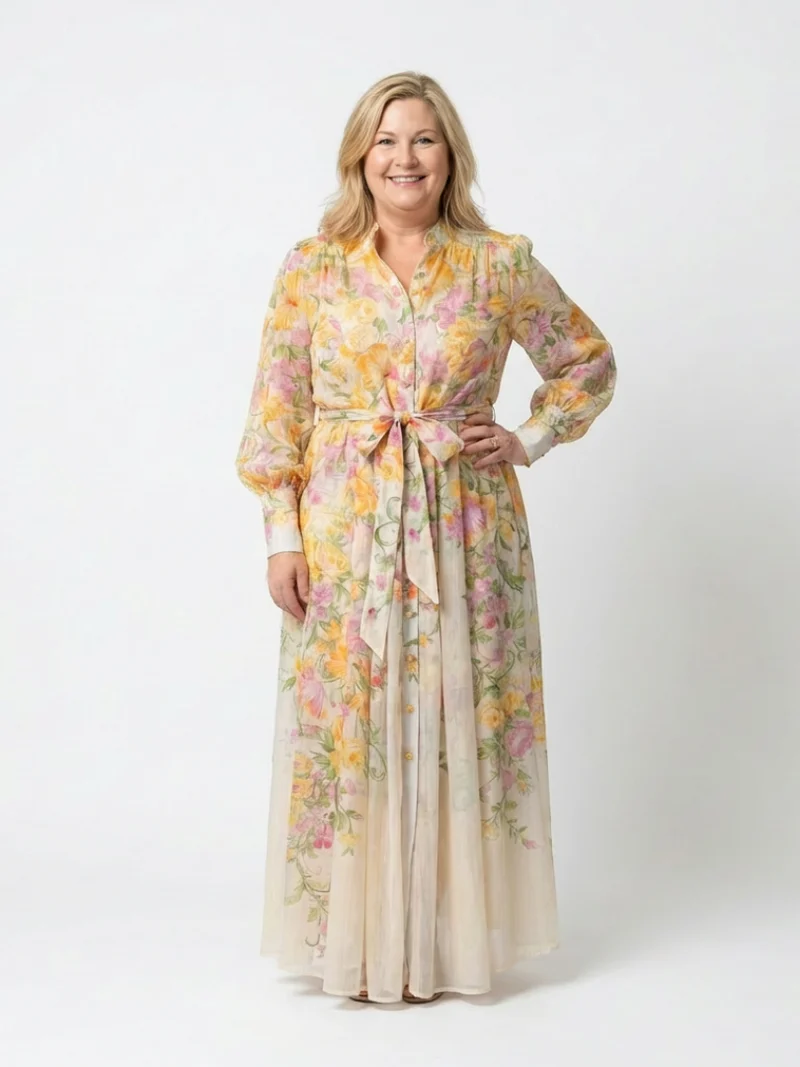 Adelheid | Damen Blumen Maxikleid mit Langarm