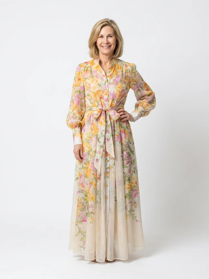 Adelheid | Damen Blumen Maxikleid mit Langarm