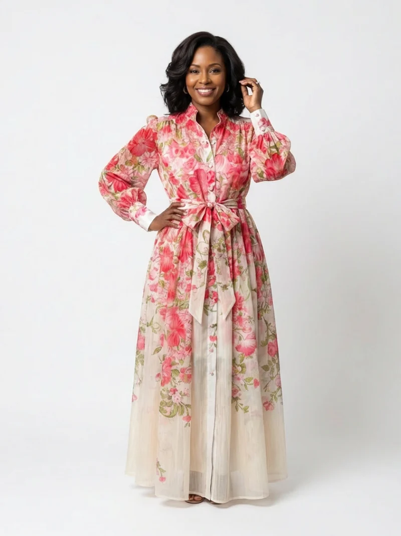 Adelheid | Damen Blumen Maxikleid mit Langarm