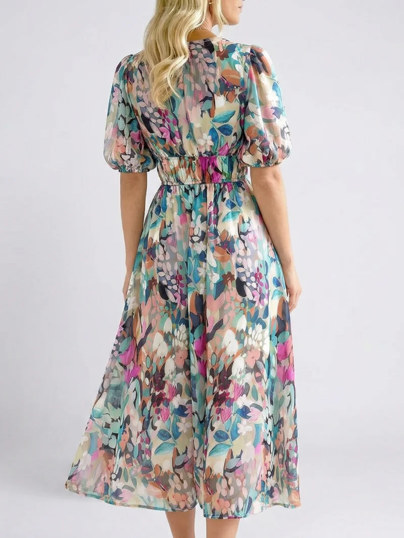 Konstanze | Damen V-Ausschnitt Blumendruck Midi Kleid