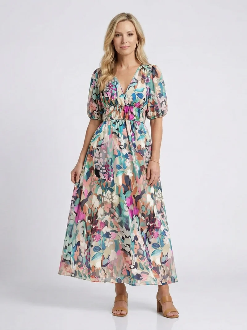 Konstanze | Damen V-Ausschnitt Blumendruck Midi Kleid