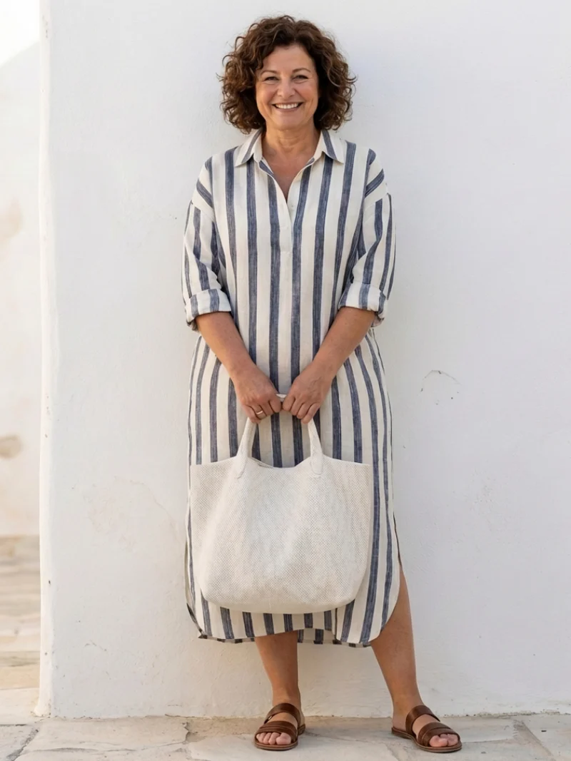 Hannelore | Damen Gestreiftes Langarm Midi Hemdblusenkleid