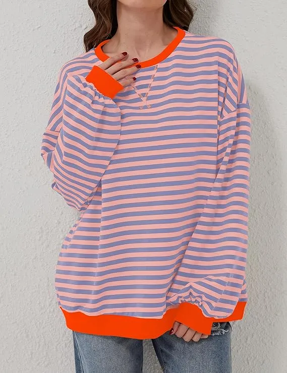 Helen Gestreifter Oversize Pullover mit Küstenflair | Orange / Blau