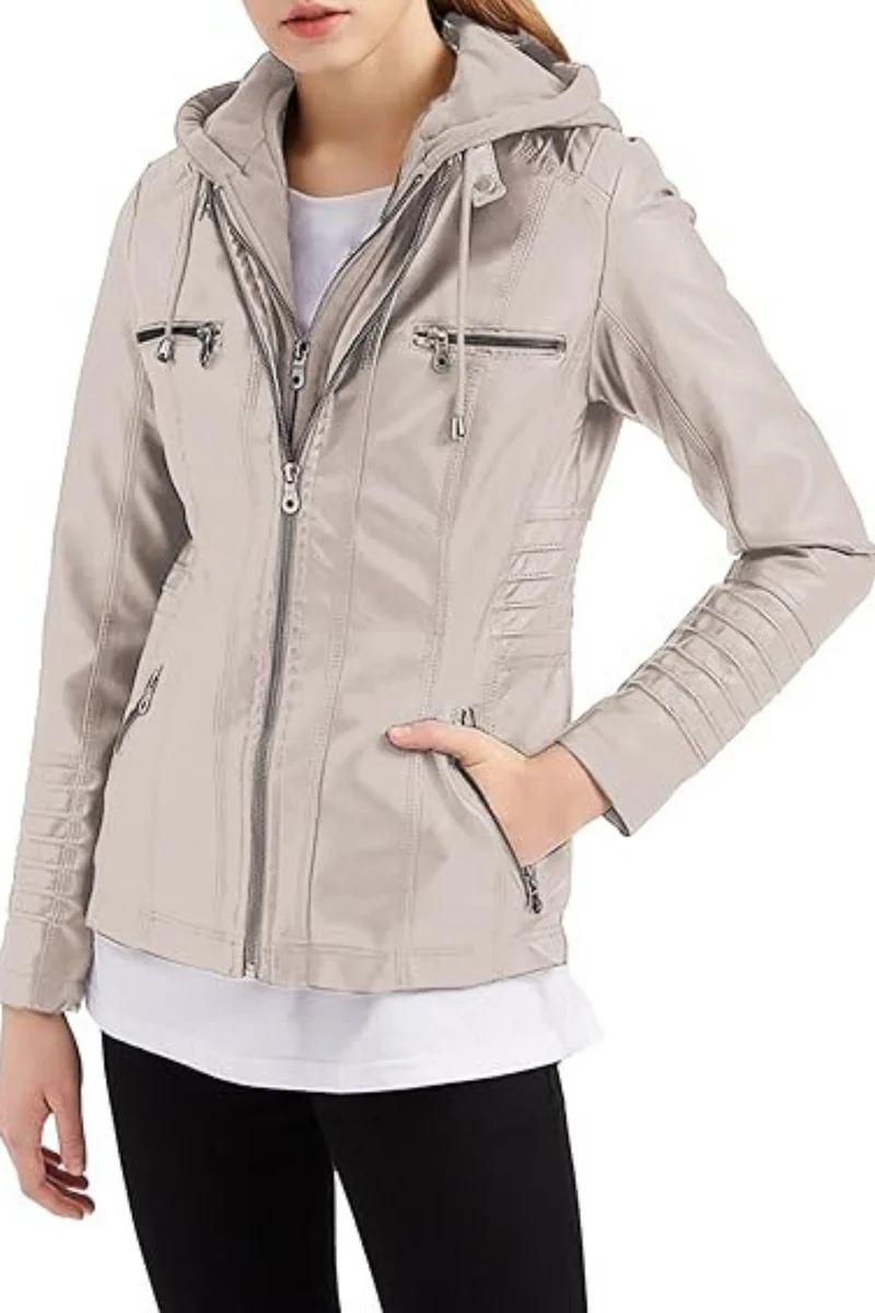 Eva Wetterfeste Damen-Lederjacke mit Kapuze | Beige