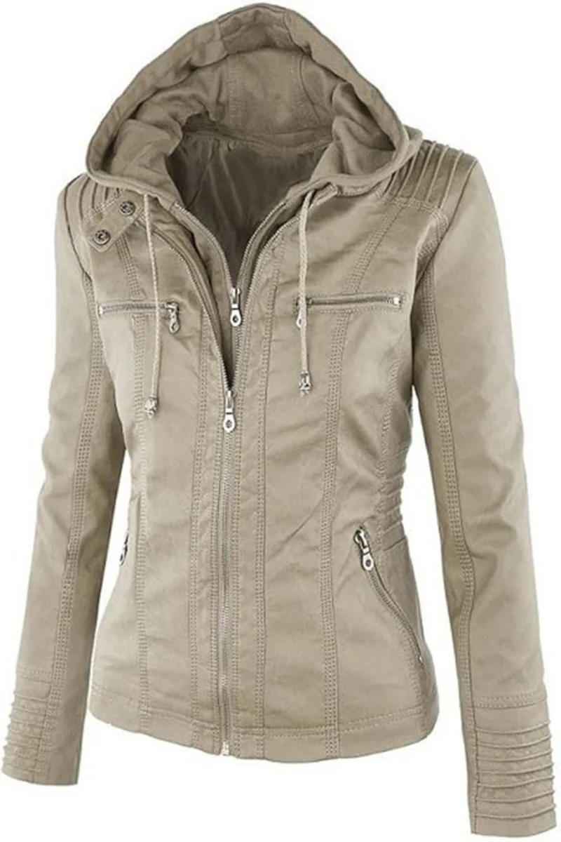 Eva Wetterfeste Damen-Lederjacke mit Kapuze | Beige