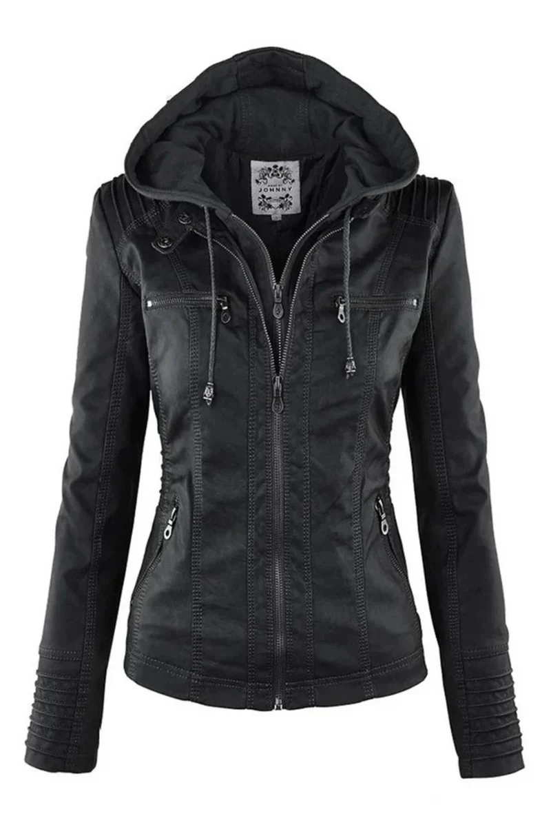 Eva Wetterfeste Damen-Lederjacke mit Kapuze | Schwarz