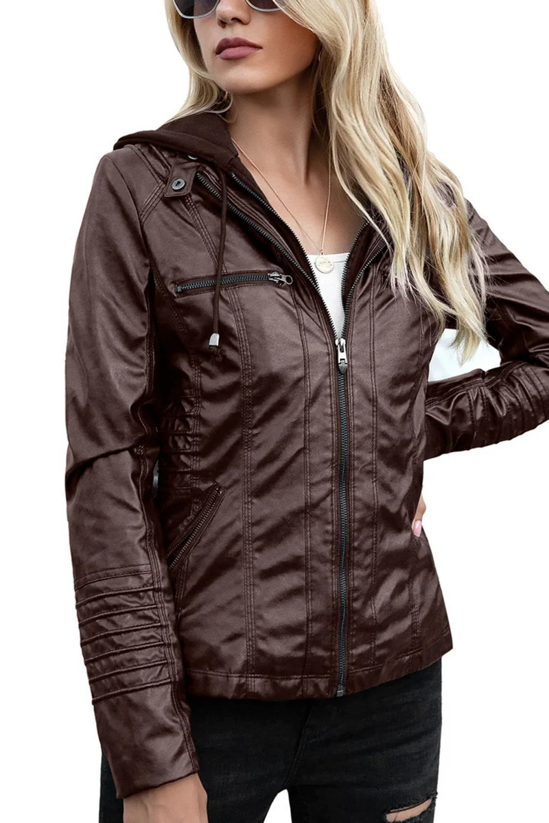 Eva Wetterfeste Damen-Lederjacke mit Kapuze | Braun