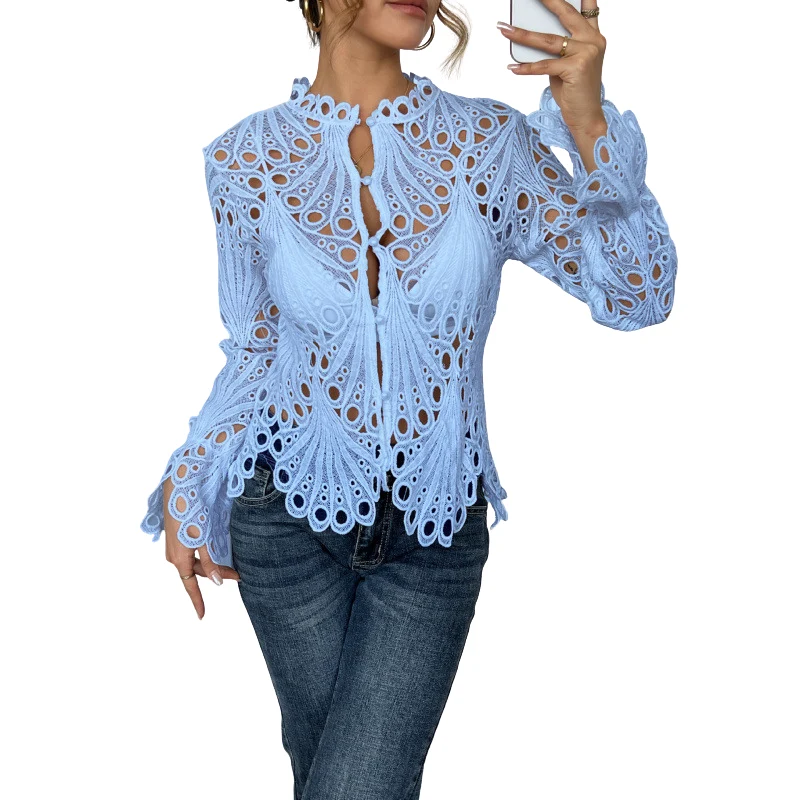 Aurelia | Damen Spitzenbluse Langarm Ausschnitt-Muster Elegant