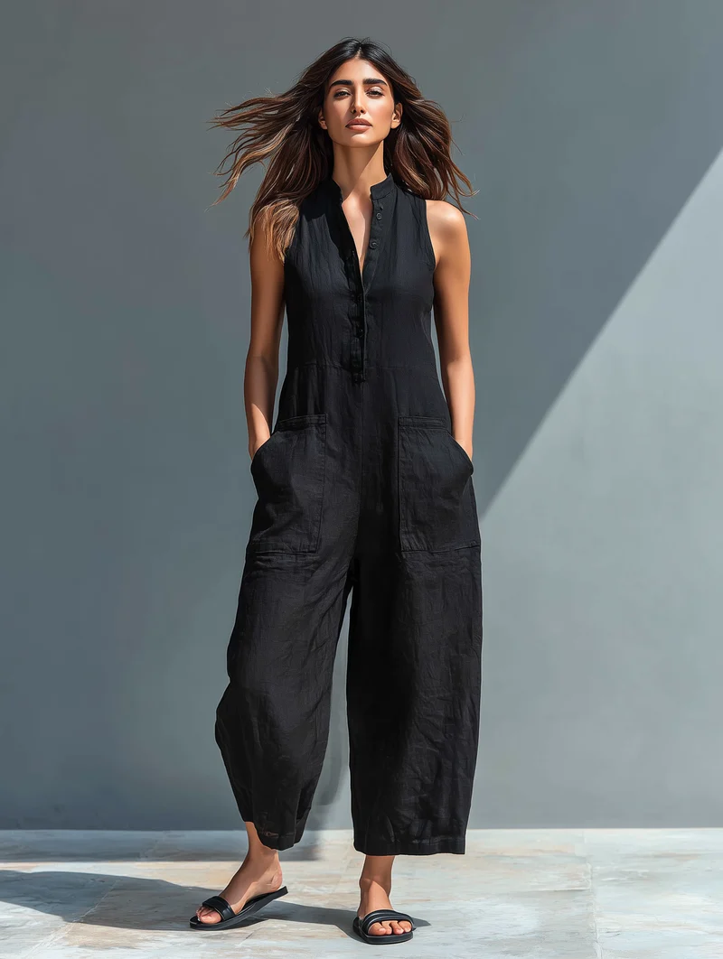 Anneliese | Damen Ärmelloser Jumpsuit mit Knopfverschluss