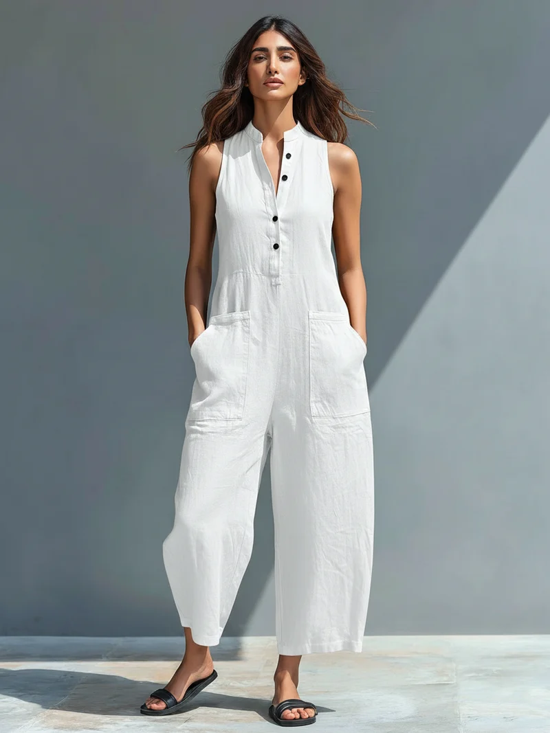 Anneliese | Damen Ärmelloser Jumpsuit mit Knopfverschluss