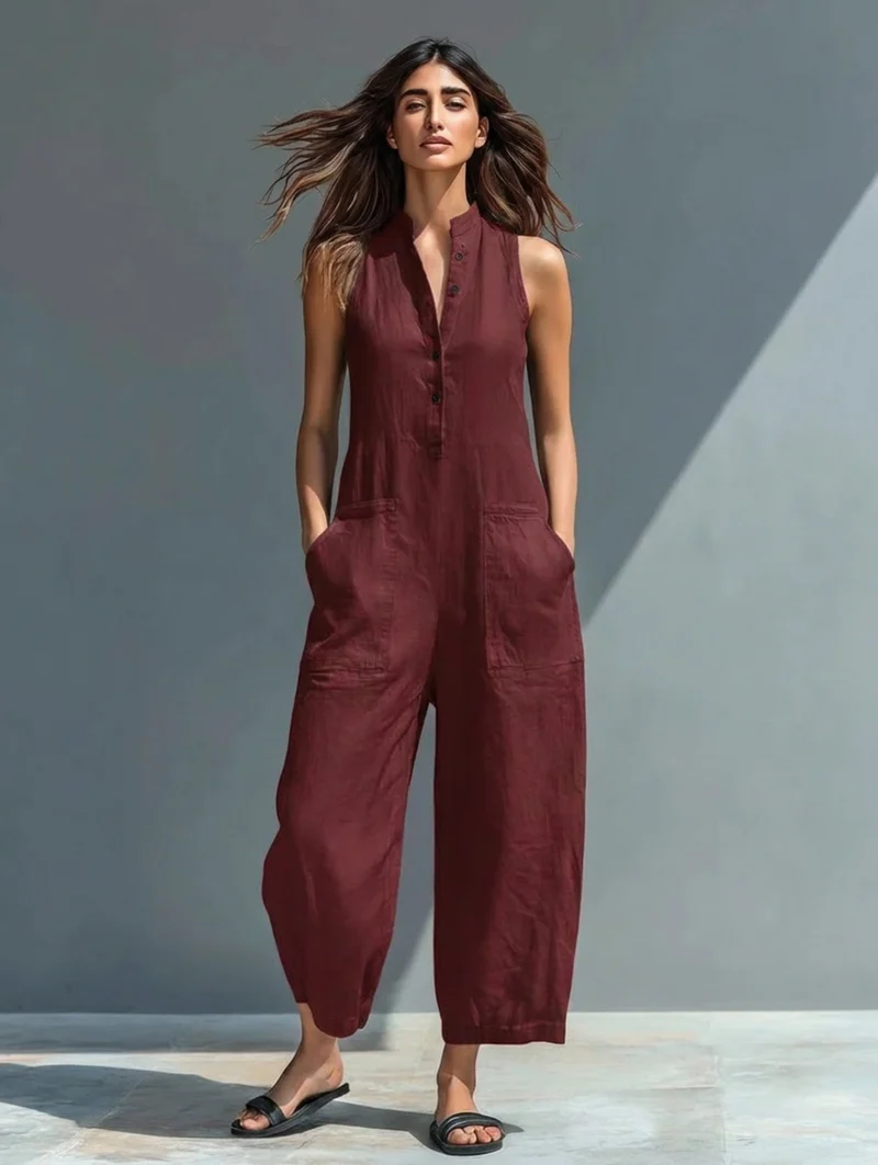 Anneliese | Damen Ärmelloser Jumpsuit mit Knopfverschluss