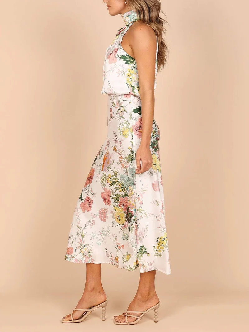 Maxikleid mit Neckholder, floralem Muster und elastischer Taille