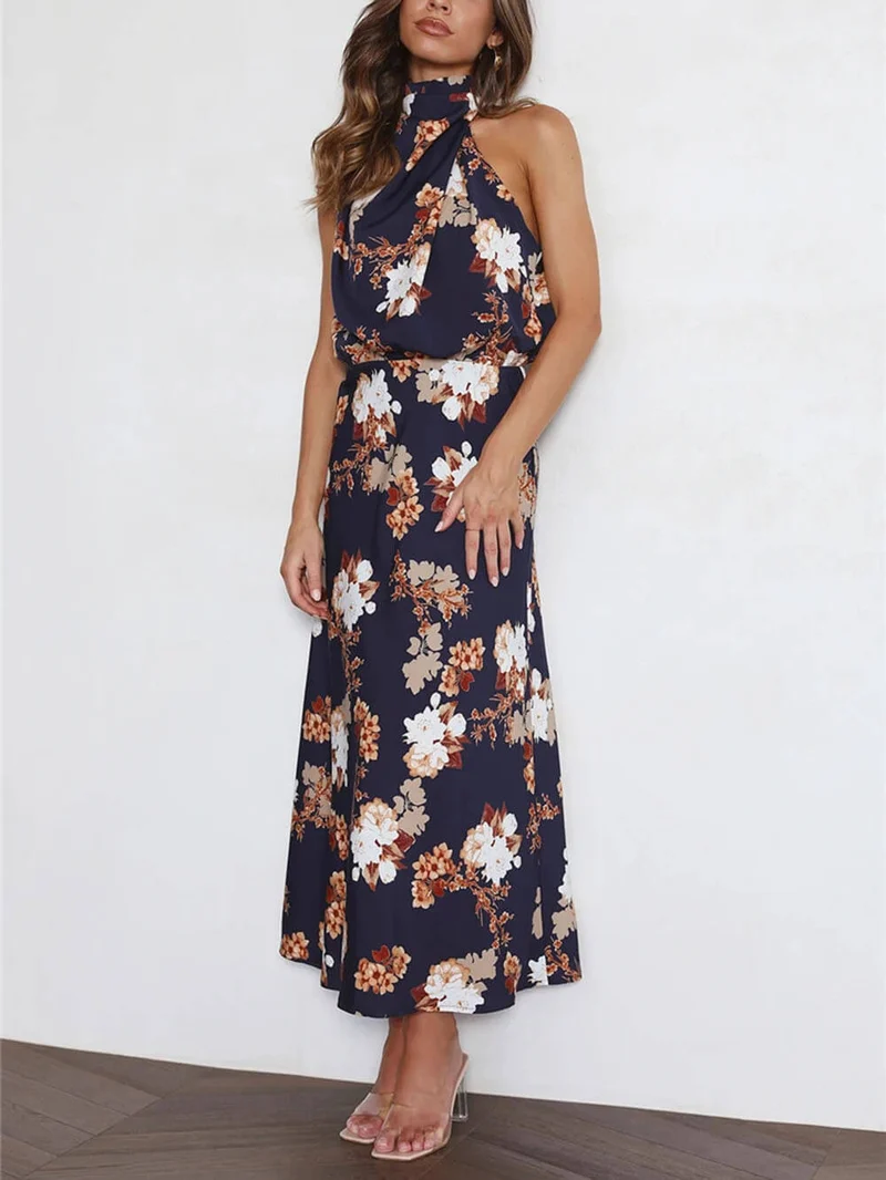 Maxikleid mit Neckholder, floralem Muster und elastischer Taille