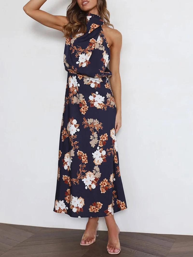 Maxikleid mit Neckholder, floralem Muster und elastischer Taille