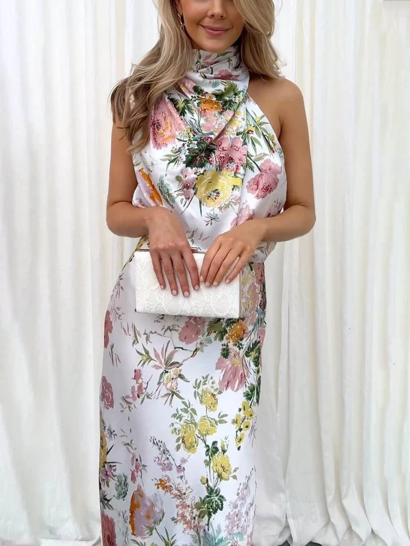 Maxikleid mit Neckholder, floralem Muster und elastischer Taille