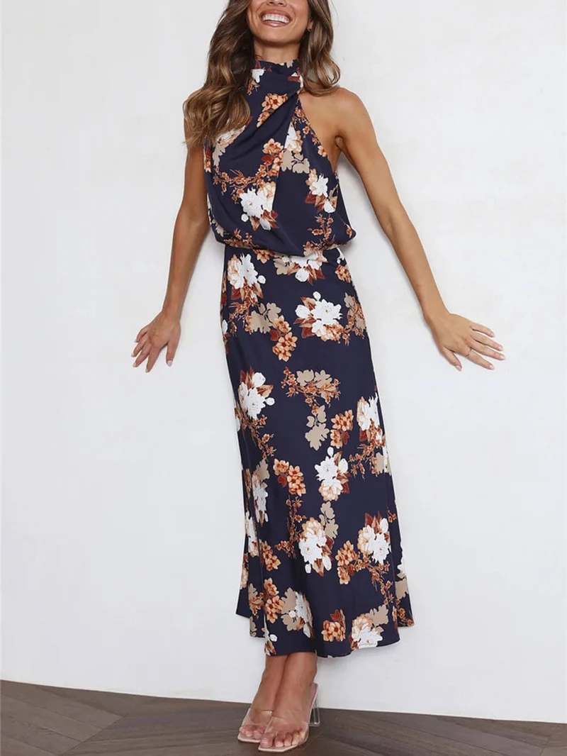 Maxikleid mit Neckholder, floralem Muster und elastischer Taille