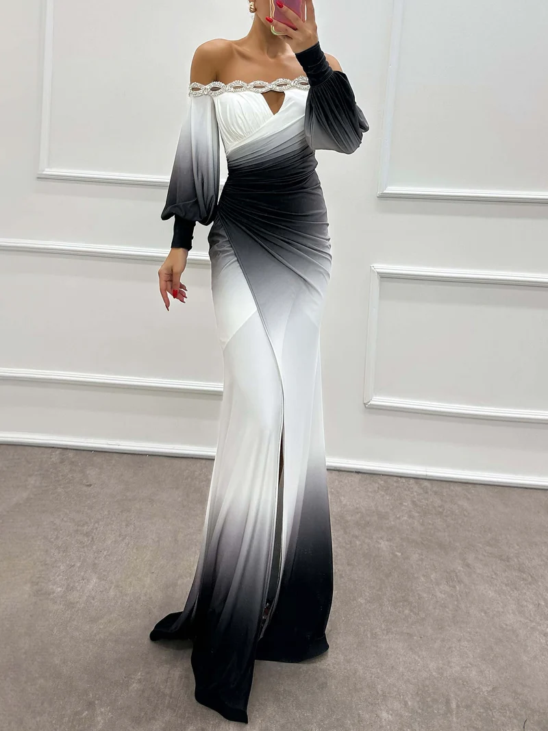 Delia | Abendkleid mit Farbverlauf und schulterfreiem Design